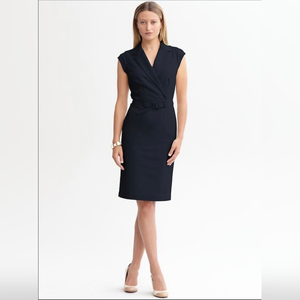Banana Republic Navy Blue Wrap Sheath Dress 12 P Petite Notch Collar Career
